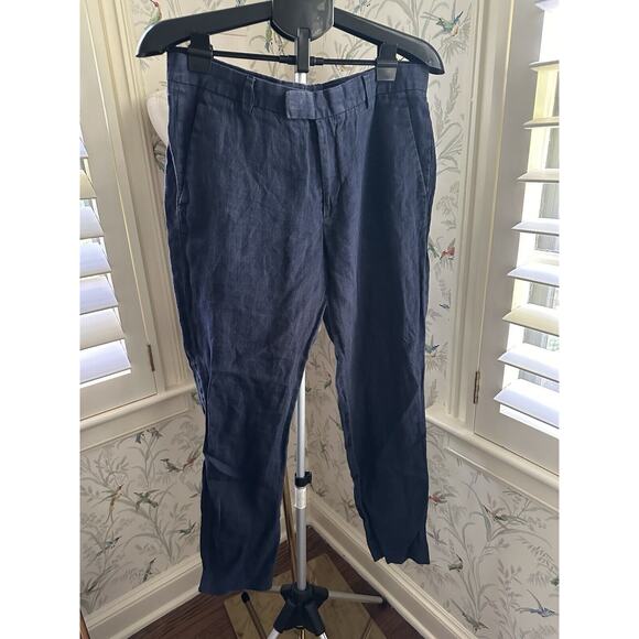 H&M Women's Blue 100% Linen Pants Straight Leg Size 33R High Rise - Picture 1 of 8